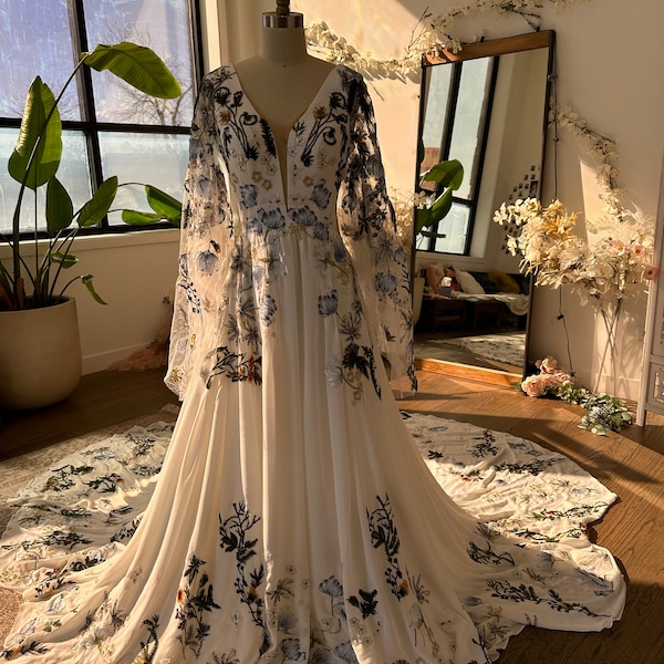 Nahla -  Non Traditional Wedding Dress Blue Floral - Made To Order