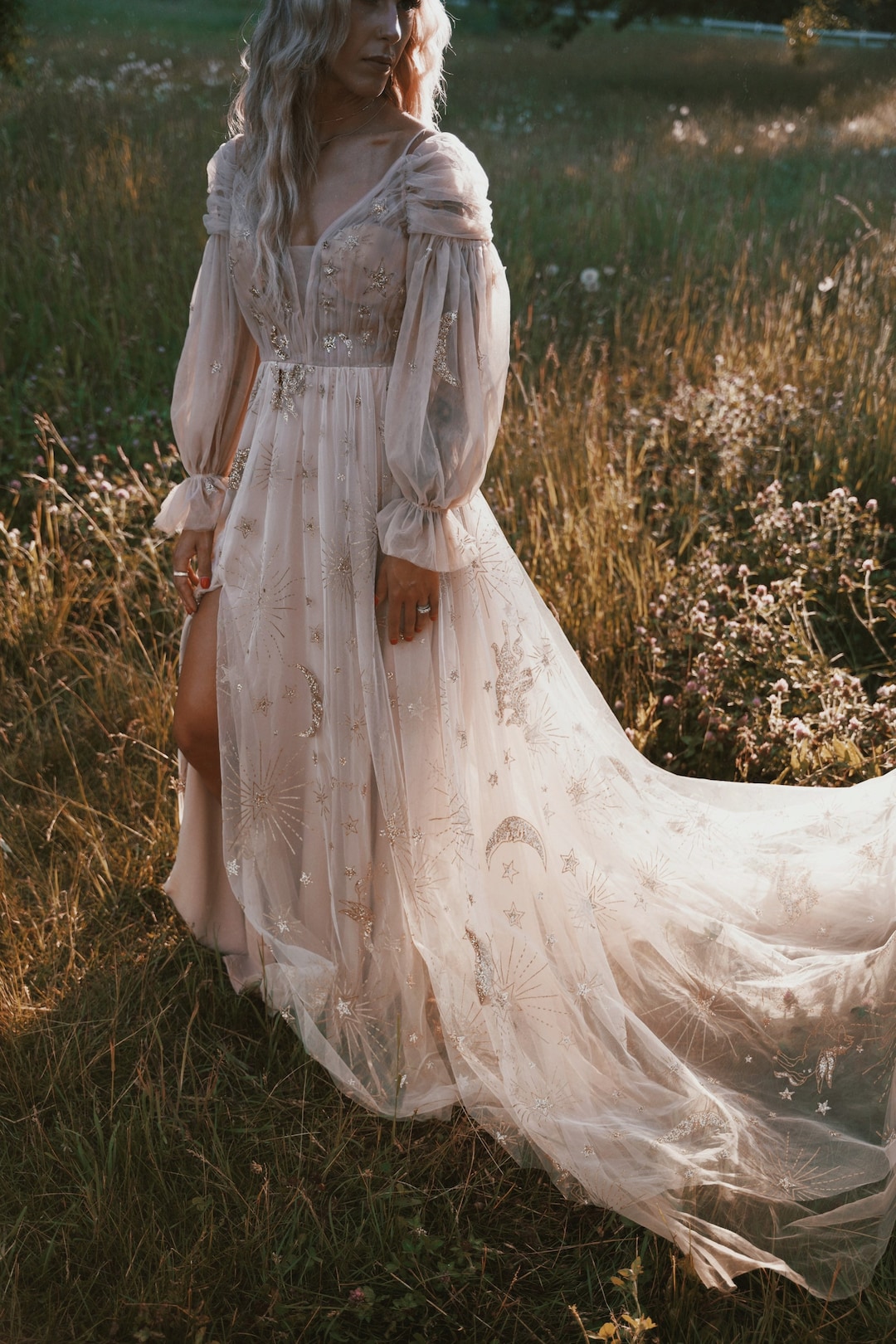Starlight Celestial Star Dress Star Wedding Dress Gold Tan Boho Wedding Dress Bohemian Wedding Dress SAMPLE Etsy