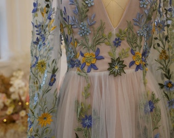 Unique Color Wedding Dress | Vintage Wedding Dress | Tulle Fairy Wedding Dress | Floral Dress With Sleeves - Primrose - SAMPLE