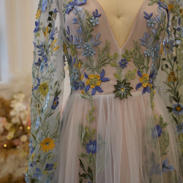 Primrose | Unique Color Wedding Dress | Vintage Wedding Dress | Fairy Wedding Dress | Floral Dress  Sleeves | Sample | 3-4 Month Delivery