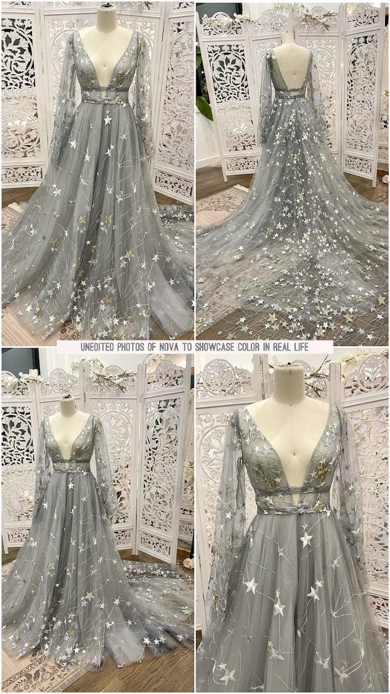 May include: A gray tulle gown with long sleeves and a plunging neckline. The gown is adorned with white and gold stars. "UNEDITED PHOTOS OF NOVA TO SHOWCASE COLOR IN REAL LIFE" is written in white text on a black background.