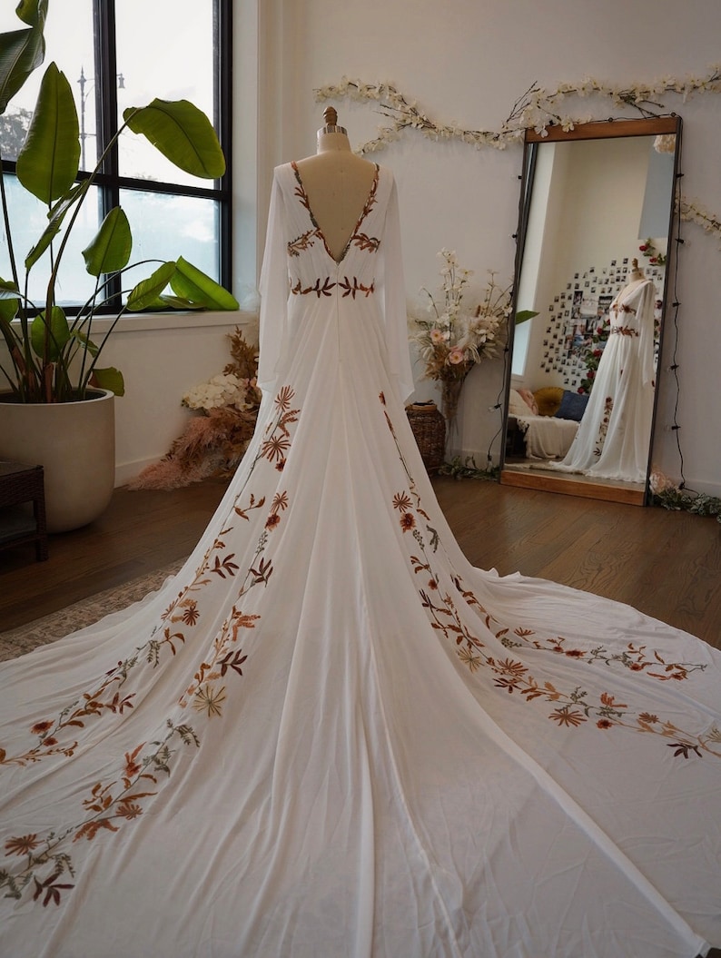Autumn 2.0 Fall Floral Embroidery Wedding Dress Rustic Bridal Elopement Dress Made To Order image 3