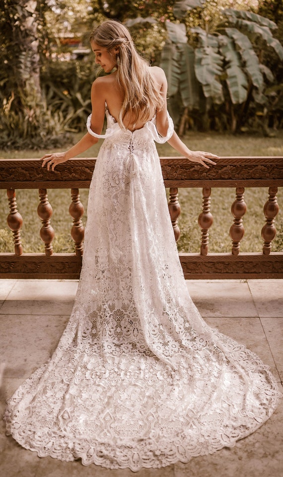 Buy Bohemian Wedding Dress Crochet Lace Gown With off Shoulder Lace up Back  Vintage Elopement Indie MADE TO ORDER Online in India 