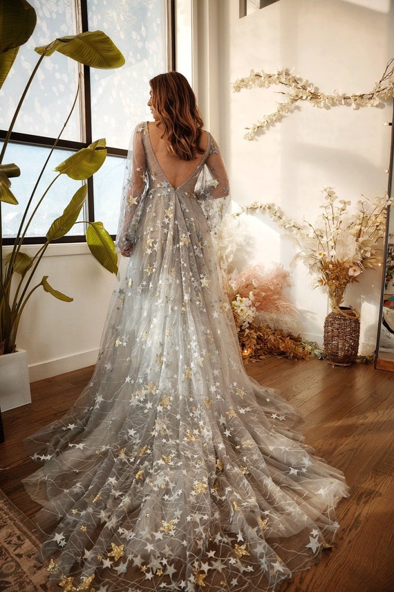 Stars Wedding Gown Unique Bohemian Wedding Dress Unique Gray Tulle