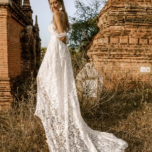 Bohemian Wedding Dress Crochet Lace Gown With Off Shoulder Lace Up Back Vintage Elopement Indie MADE TO ORDER image 4