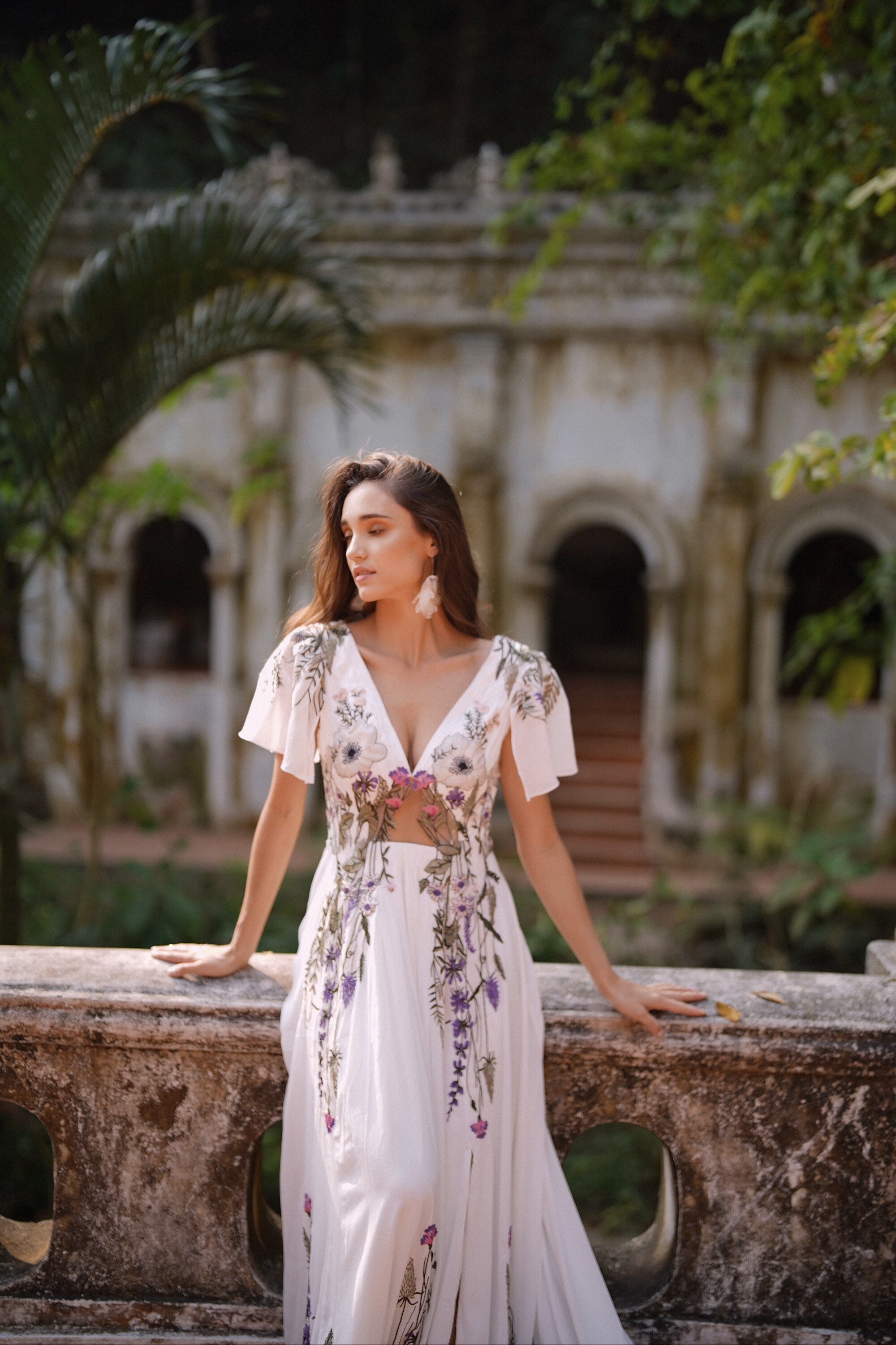 purple dress with embroidered flowers Floral Applique Sheer Corset Gown by Tiffany Designs 16113 6 / Lilac main image 0
