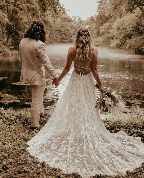 Beach Boho Wedding Dress With Vintage French Lace Open Criss Cross Back  Bohemian Wedding Dress Giselle MADE TO ORDER 