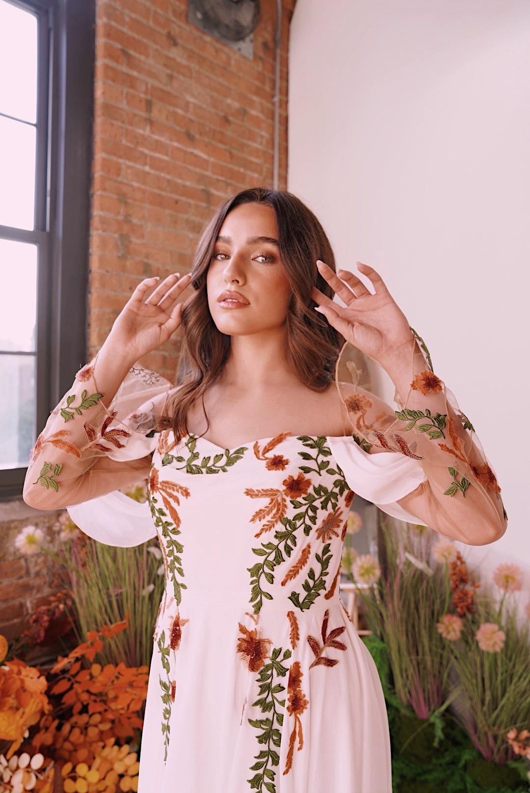 off the shoulder floral dress with sleeves Floral-Print Strapless Puff-Sleeve Ball Gown -PromGirl Multi / 6