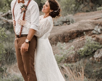 Venice / Bohemian Wedding Dress / Vintage Lace Wedding Dress / Open Back Backless and Long Sleeves Wedding Gown