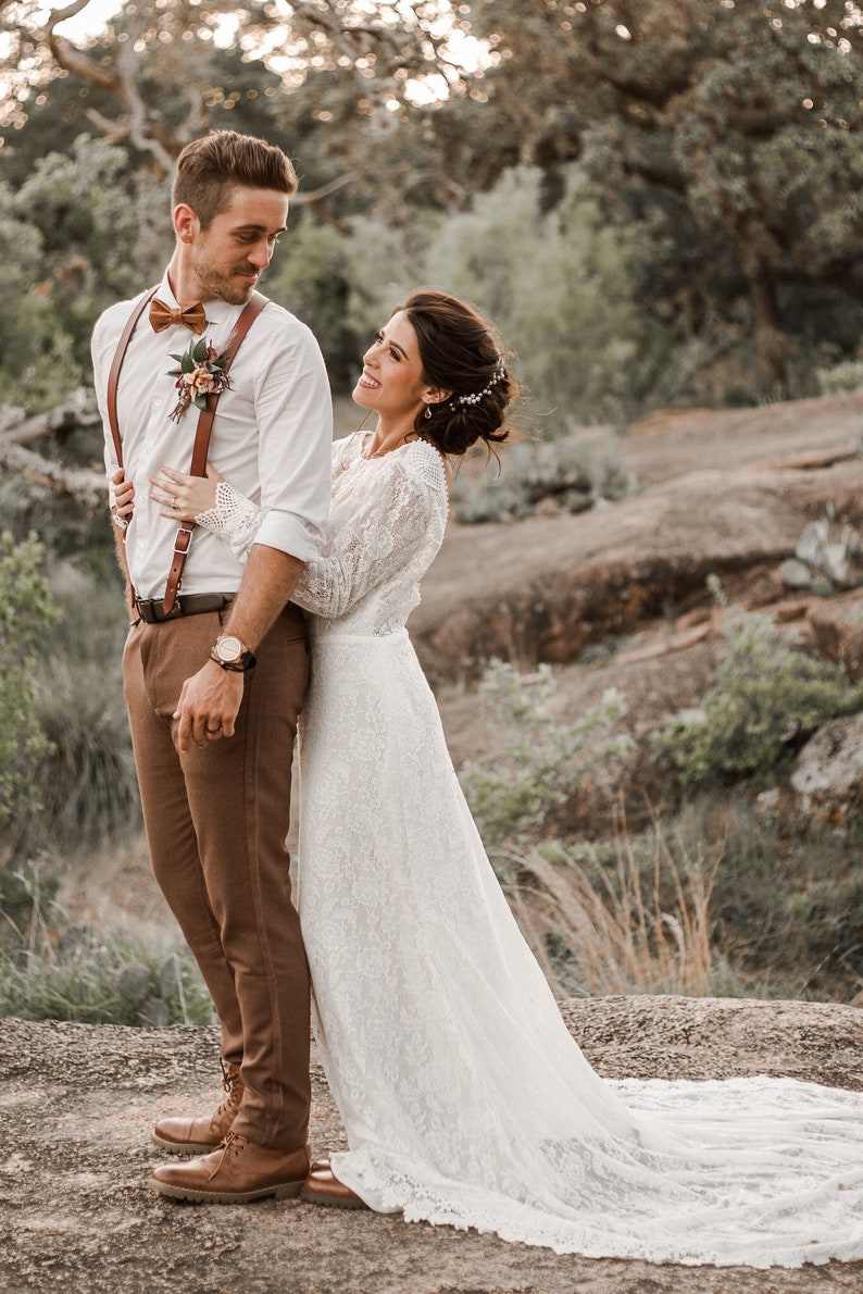 Venedig / Boho Hochzeitskleid / Vintage Spitze Hochzeitskleid / Offener Rücken rückenfrei und lange Ärmel Hochzeitskleid Bild 1