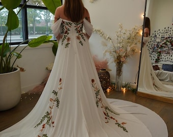 Juniper | Foliage Floral Embroidery Wedding Dress | Off Shoulder Illusion Sleeves | Unique Wedding Dress | Made To Order 5-7 Month Delivery