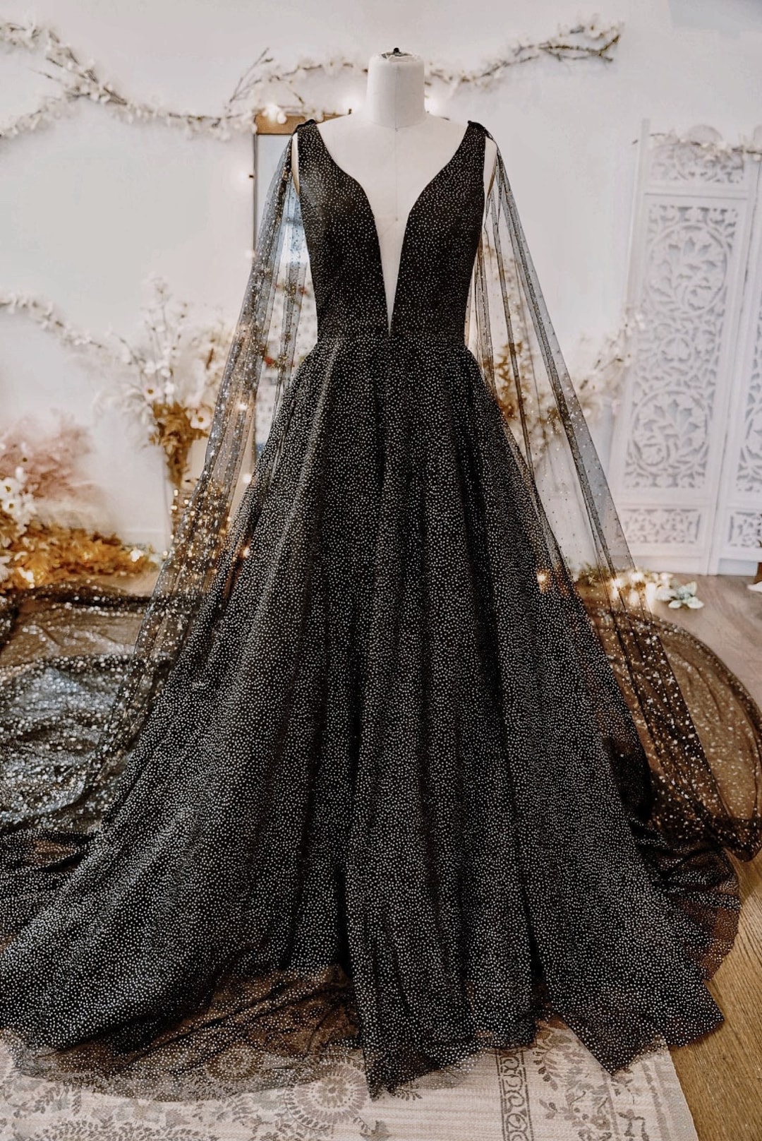 Midnight Black Star Wedding Dress Night Sky Shimmery A line Sleeveless Deep V Neckline Black Dress SAMPLE Etsy UK