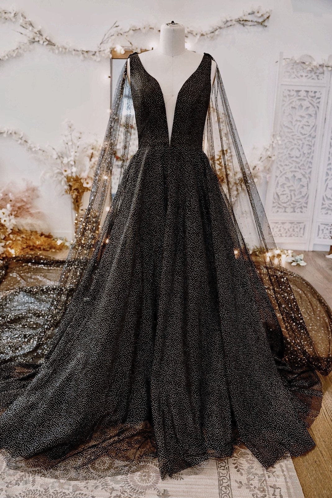 Midnight Black Star Wedding Dress Night Sky Shimmery A line