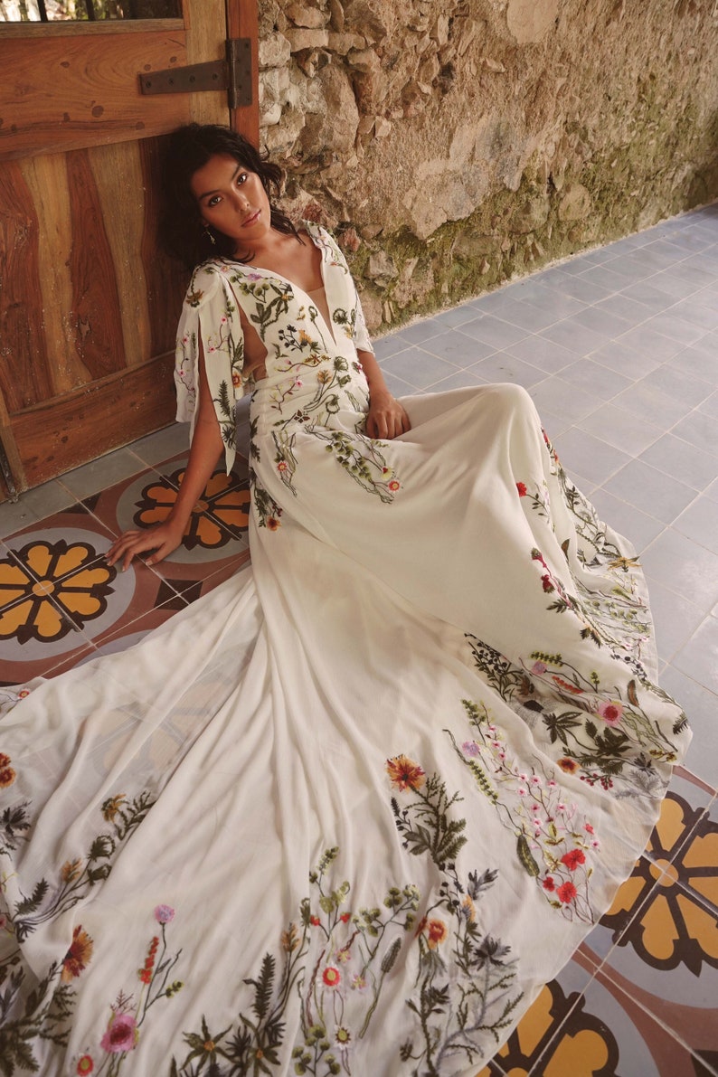 Colorful Embroidered Gown Bohemian Floral Bridal Gown Botanical Unique A Line Wedding Dress Flora Dress SAMPLE image 4