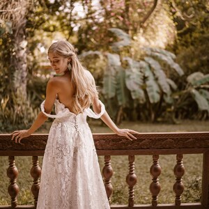 Bohemian Wedding Dress Crochet Lace Gown With Off Shoulder Lace Up Back Vintage Elopement Indie MADE TO ORDER image 7