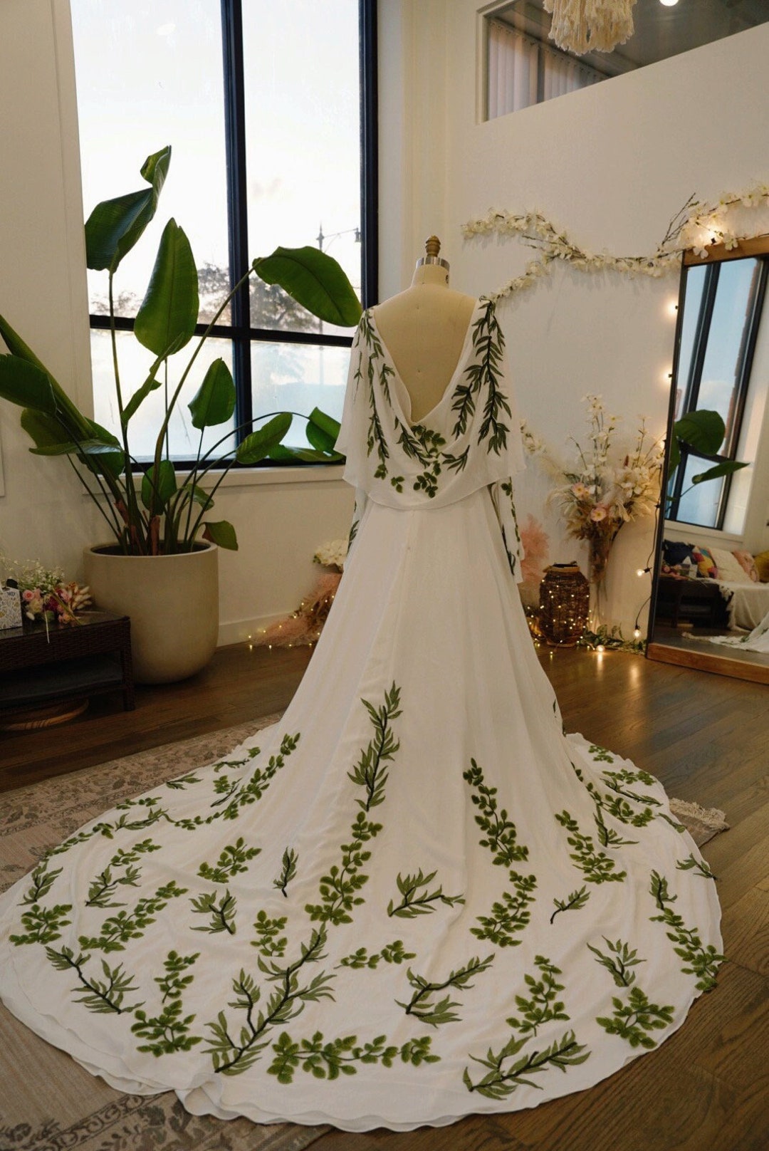 Olive Unique Wedding Dress Aline Green Vine Leaf Woodland