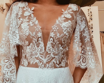 Unique Bohemian Wedding Dress / Detachable Boho Lace Sleeves / French Lace Bohemian / Giselle 2.0