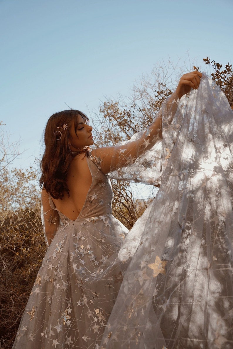 Stars Wedding Gown Unique Bohemian Wedding Dress Unique Gray Tulle A Line Dress Color Boho Dress Nova MADE TO ORDER image 2