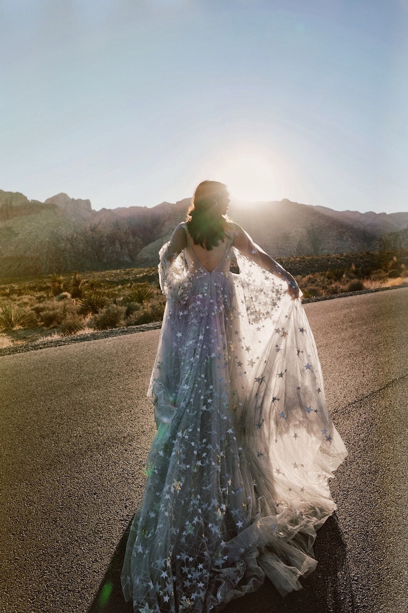 May include: A woman in a flowing, light blue gown with a star pattern walks away from the camera on a paved road. The gown has a low back and a long train. The woman is silhouetted against the setting sun.
