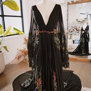 Meadow Black Embroidery Wedding Dress Gothic Floral A Line Unique Dark Wedding Dress SAMPLE