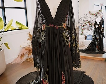 Meadow Black Embroidery Wedding Dress Gothic Floral A Line Unique Dark Wedding Dress SAMPLE
