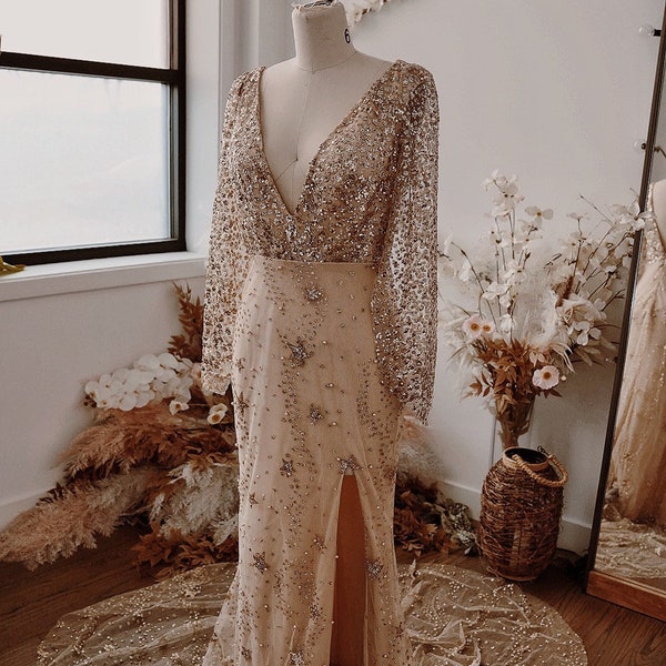 Sol - Golden Celestial Wedding Dress - Star Sequins Wedding Dress - Stars & Pearls Bridal Gown - Unique Boho Dress - SAMPLE