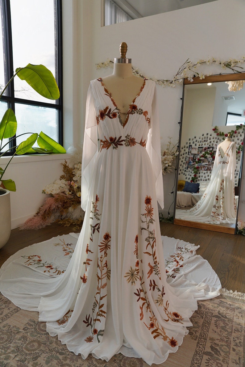 Autumn 2.0 Fall Floral Embroidery Wedding Dress Rustic Bridal Elopement Dress Made To Order image 2