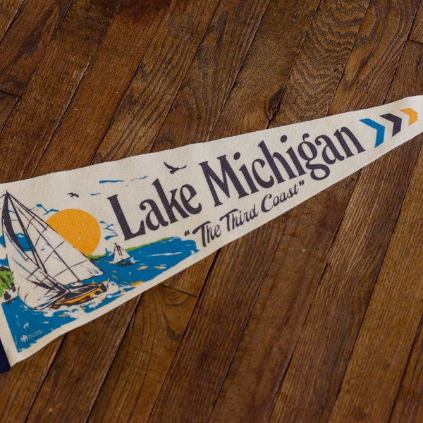 Lake Michigan 9x27 Felt Pennant Banner - Wall Hanging - Retro Camp Flag - Lake Life - Indiana, Michigan, Illinois, Wisconsin, Chicago Gift