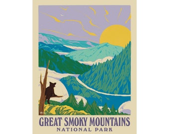 May include: A vintage-style poster featuring the Great Smoky Mountains National Park. The artwork depicts a bear, mountains, and a setting sun in shades of green, blue, yellow, and purple. The text "Great Smoky Mountains National Park" is displayed at the bottom.