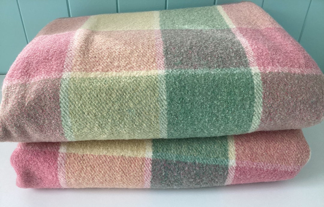 Vintage Australian Wool Blanket Invicta Raspberry, Green & Yellow Check
