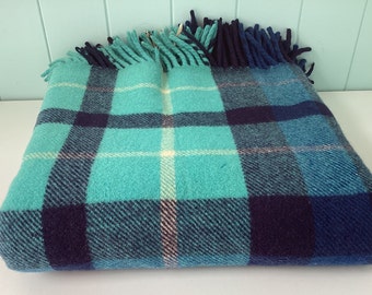 Vintage Onkaparinga Wool Blanket - Travel Rug/ Picnic Blanket - Australian - Aqua and Navy Check # 11360