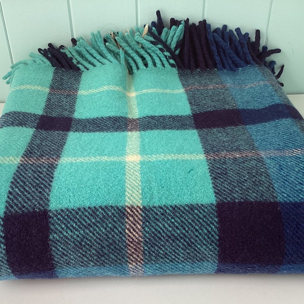 Vintage Onkaparinga Wool Blanket - Travel Rug/ Picnic Blanket - Australian - Aqua and Navy Check # 11360