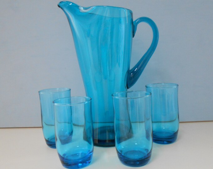 Blue Glass Lemonade Set Jug and Glasses 1970s 10037 Etsy