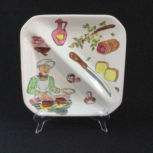 Funky Retro BBQ Serving Plate - Divided Dish - Ironstone Ware - Hand Painted - Made in Japan - 1970's   #10736