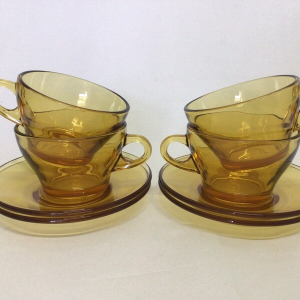 Retro Bormioli (Italy) Vitrosax Large Cups & Saucers - Amber Glass - Set of Four - 1970's  #11021