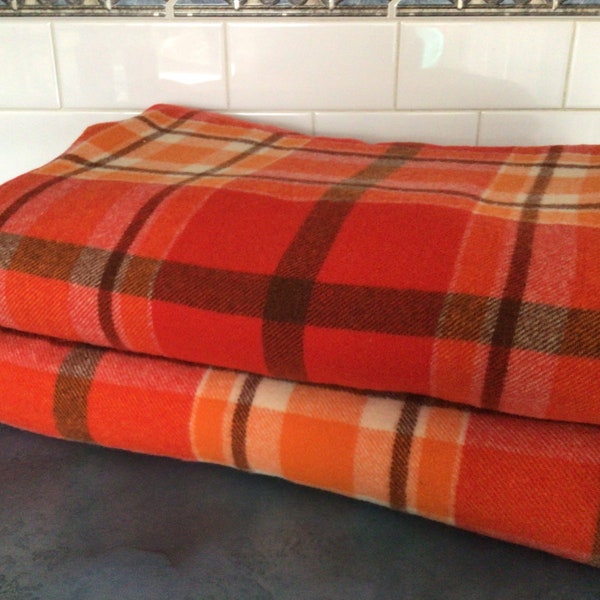Vintage Australian Wool Blankets - Onkaparinga - Red & Orange - Queen Size   #10859