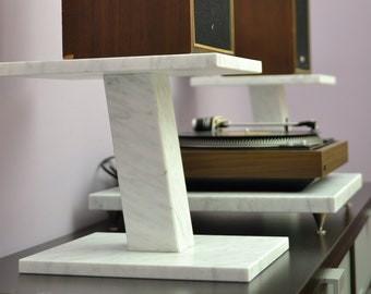 Audio Speaker Stand and Turntable Platform White Carrara Marble Set