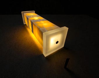 Rare Yellow & White Onyx Lamp: Natural Geological Art, Frosted Plexi Base