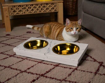 Quartz Double Pet Bowl Feeder  Stone Base with Removable Bowls