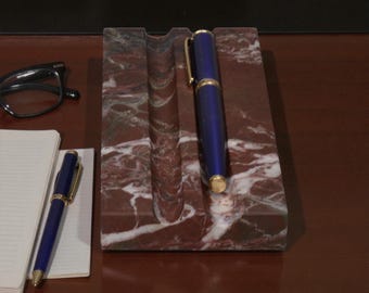 Rosso Levanto Marble Pen Holder Stone Desk Organizer (7 x 3 x 0.75)