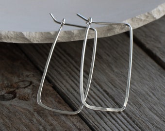 Sterling silver rectangle hoop earrings, small hoop earrings, Sterling silver lightweight hoop earrings, Thin silver hoops for women