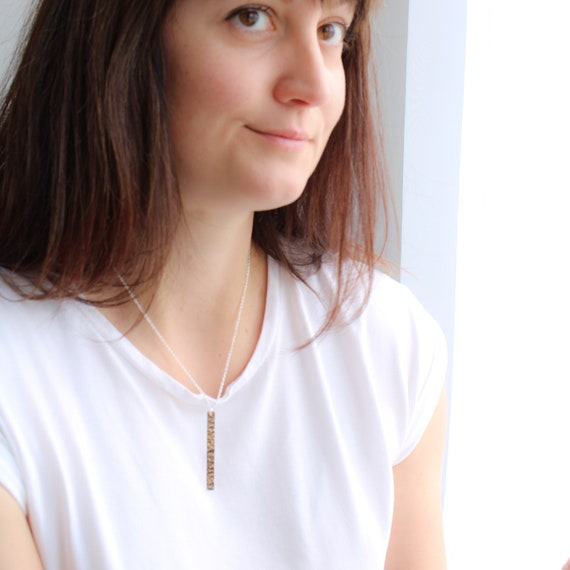 Sterling Silver Long Bar Necklace Pendant Delicate Everyday Minimal Necklace Handmade Jewelry Hammered Textured Necklace for Women