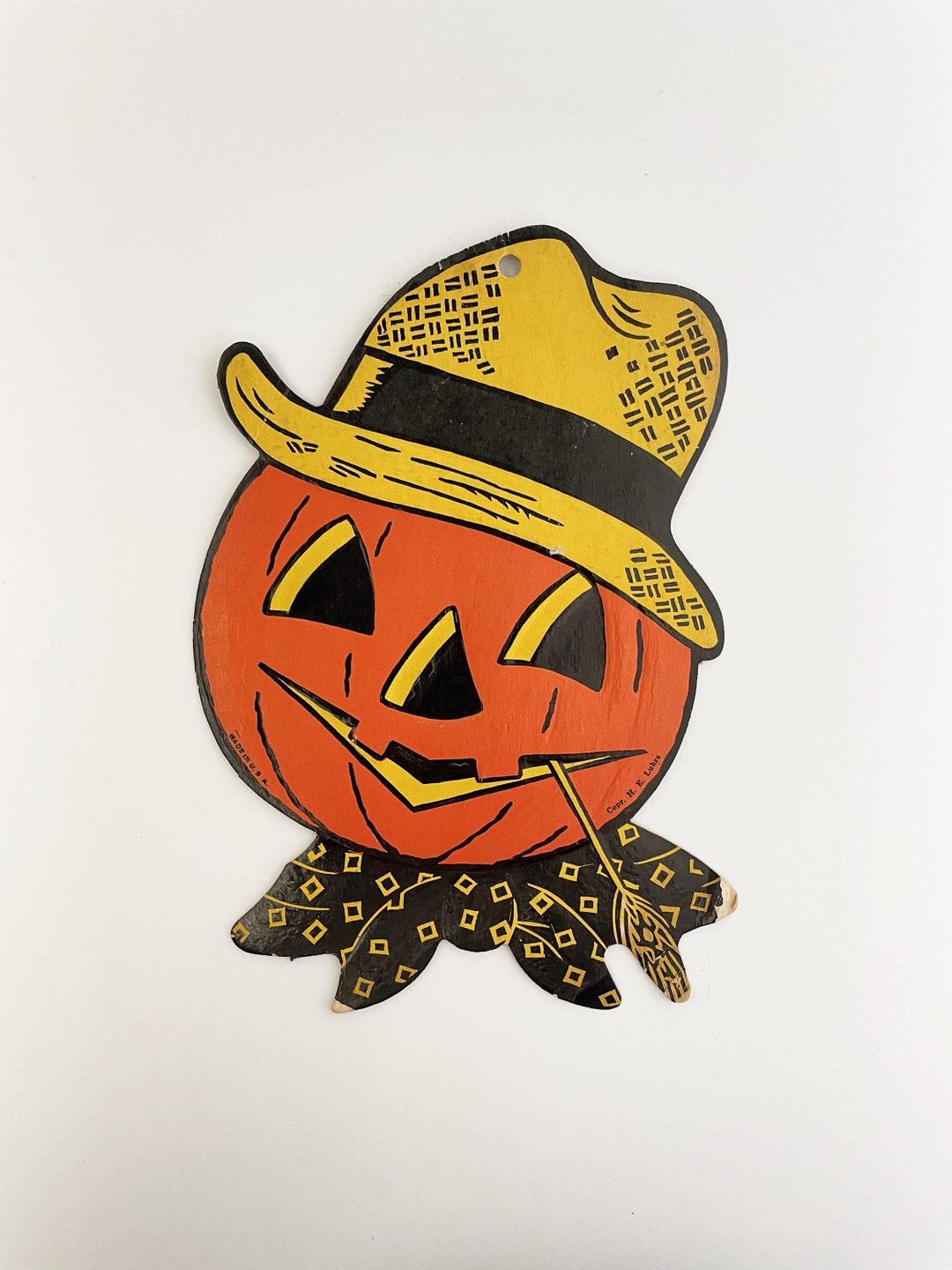 Vintage Halloween Pumpkin Scarecrow Jack O Lantern Die Cut Decoration
