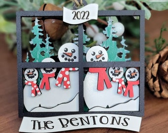 Personalized Snowman Family Christmas Ornament 2023 peeking through the window