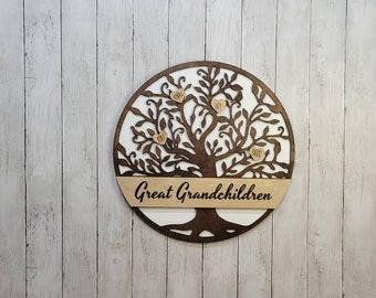 Personalized family Tree sign with family names, Grandkids round sign