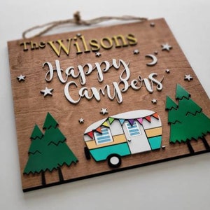 Custom happy camper sign with family name, personalized camping site sign