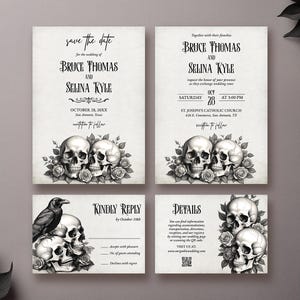 Gothic Wedding Invitation Suite Editable Instant Download Templates, Noir Moody Macabre Vintage Goth Floral Skulls Halloween Wedding, WS03