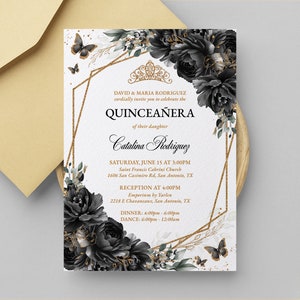 Black Noir Floral Quinceañera Invitation Template Instant Download, Sweet 16 Gold Floral Butterfly Birthday Editable Invitation, QC40