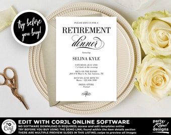 Retirement Dinner Invitation Printable Template, Appreciation Party Invitation, Editable Dinner Invitation, Corjl DP04