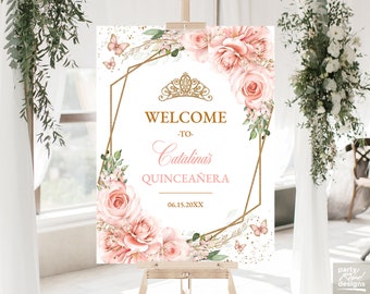 Blush Pink Floral Quinceañera Welcome Sign Instant Download Editable Template, Gold Glitter, Sweet 16 Greeting Sign, Wedding Sign, QC08